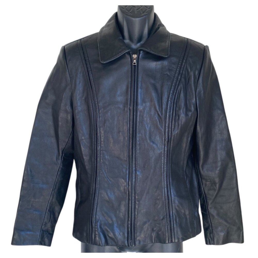 Womens Jones New York Black Leather Jacket Coat